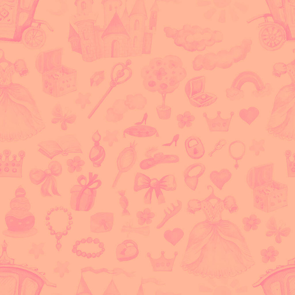 Fairy πριγκίπισσα κάστρο χέρι ζωγραφισμένα ακουαρέλα εικόνα. Patern αδιάλειπτη σετ εκτύπωσης υφασμάτινο κλιπ φόντο για τα μικρά κορίτσια για τις διακοπές συγχαρητήρια Σύννεφα ροζ χρώμα χαριτωμένο εικόνα - Φωτογραφία, εικόνα
