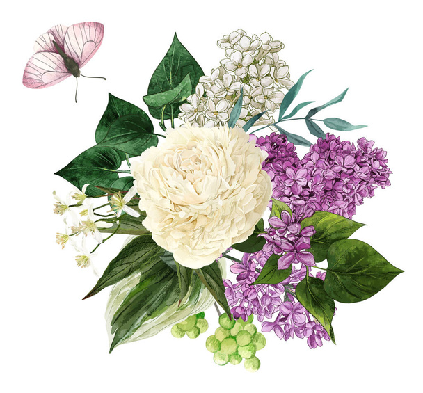 Watercolor lilac flowers and leaves. - Вектор,изображение