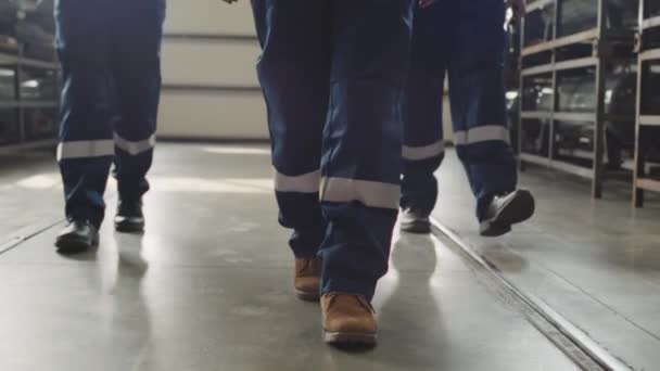 Наклонная медлительность уверенной женщины-супервайзера в каске, идущей по заводу с двумя рабочими в форме - Кадры, видео