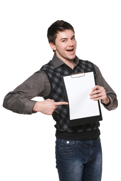 Excited man with blank board - Foto, afbeelding