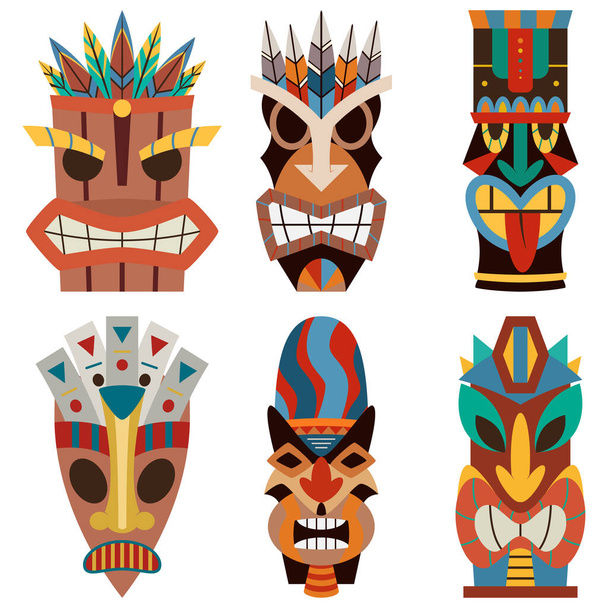 Tiki masker vector set van gesneden houten hawaiiaanse en polynesische vermomming. Beeldhouwkunst platte pictogrammen geïsoleerd op witte achtergrond. - Vector, afbeelding