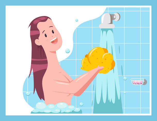 泡でシャワーを浴びている女性。ベクトル漫画かわいい女の子のキャラクターが背景に隔離. - ベクター画像