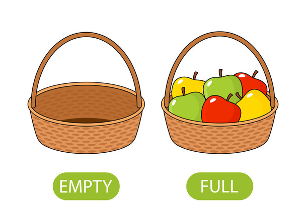 empty and full basket of apples. concept of children learning opposite adjectives. vector illustration isolated on white background - Vector, Image