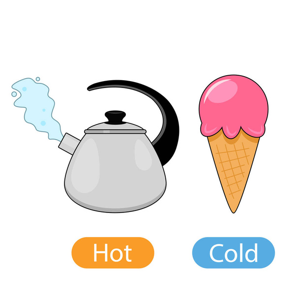 hot boiled kettle with steam and delicious cold ice cream. concept of children's learning of opposite adjectives hot and cold. vector illustration isolated on white background - Vector, Image