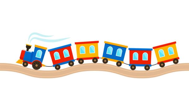 zabawka dziecięcego pociągu z kolorowymi wagonami pędzi wzdłuż szyn. Ilustracja wektora izolowana - Wektor, obraz