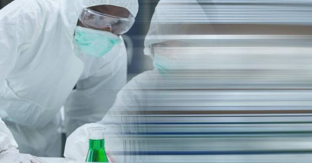 Composition of scientists in ppe suits working in laboratory and copy space. research and science concept digitally generated image. - Foto, Imagem