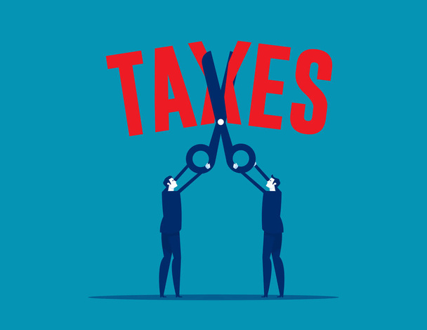 税金を削減する大きなはさみでビジネスチーム。減税の概念 - ベクター画像