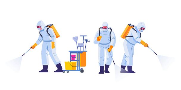 Home disinfection by cleaning service. People in virus protective suits and mask disinfecting buildings of coronavirus with the sprayer. Cartoon flat style illustration isolated on a white background - Vector, Image