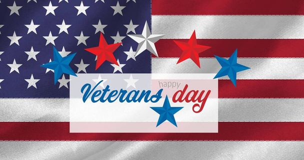 Composition of veterans day text and stars over american flag. patriotism and celebration concept digitally generated image. - Фото, изображение