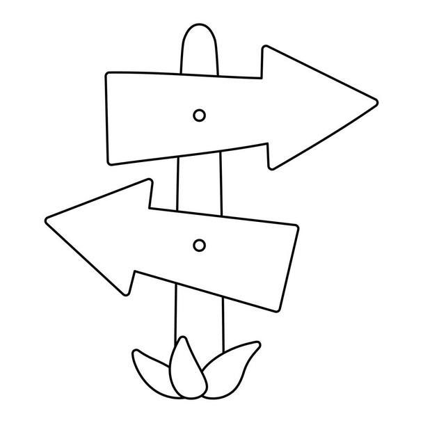 Signe vectoriel de direction de route en bois illustration noir et blanc. Pointeur de contour avec flèches en bois isolées sur fond blanc. - Vecteur, image
