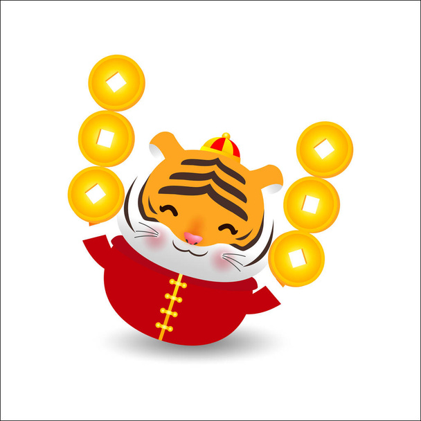 Kleiner Tiger mit chinesischem Gold in der Hand Ingots und Happy Chinese New Year 2022 Jahr des Tierkreises der Tiger von Animal Lucks Cartoon Vektor Illustration isoliert auf weißem Hintergrund. - Vektor, Bild