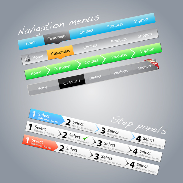 Navigation menus and step panels - Vector, Image