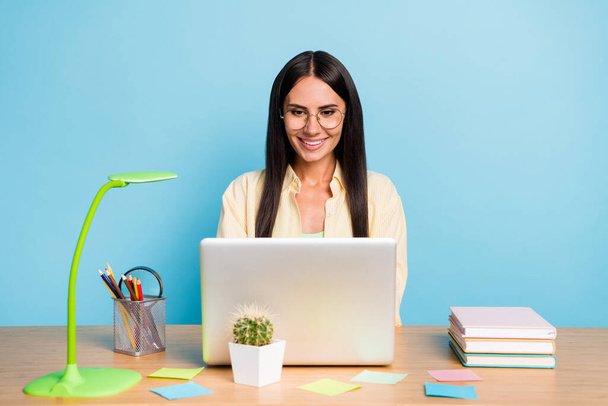 Portrait of attractive focused cheerful girl using laptop preparing task report presentation isolated over bright blue color background - Foto, imagen