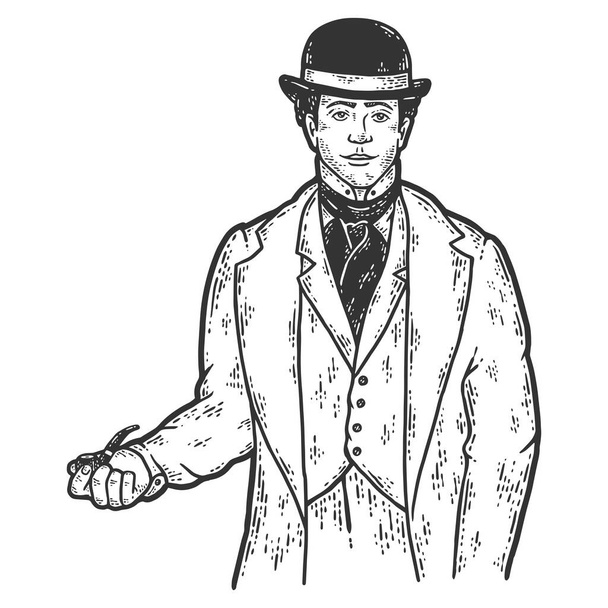 Άντρας ντετέκτιβ, στυλ ρουχισμού του 19ου αιώνα. Φίλε, μαγείρεψε με στολή. Χρώμα απομίμησης πίνακα σχεδίασης. - Φωτογραφία, εικόνα