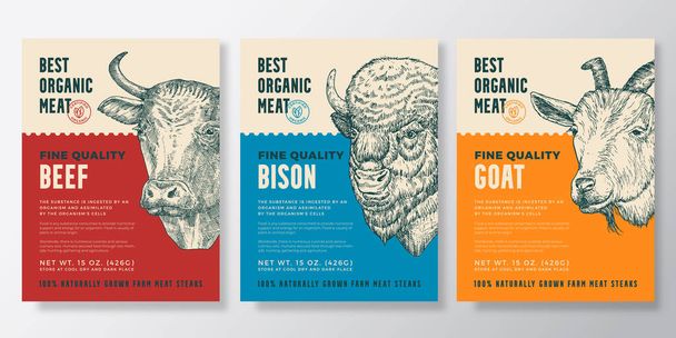 Animal Portrait Organic Meat Vector Packaging Design or Label Templates Set. Farm Steaks Banners. Modern Typography and Hand Drawn Cow, Bison and Goat Head Sketches Backgrounds Layout Collection - Vektör, Görsel