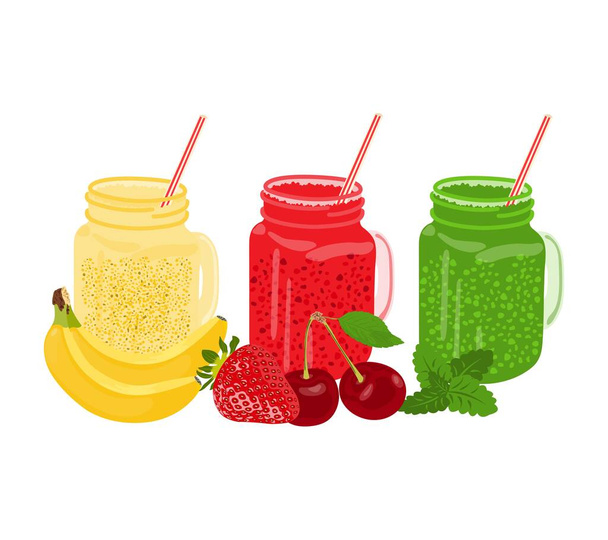 Набор летних фруктовых напитков в стеклянных банках - Вектор,изображение