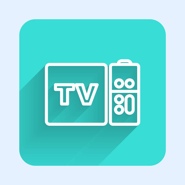 Witte lijn Multimedia en TV box ontvanger en speler met afstandsbediening pictogram geïsoleerd met lange schaduw. Groene vierkante knop. Vector. - Vector, afbeelding