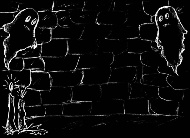 На тлі цегляної стіни два літаючих привиди і свічки, що стоять на підлозі
 - Фото, зображення