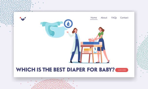Parent Routine and Motherhood Landing Page Template. Doctor Presenting Nappy to Mother Changing Diaper to Newborn Kid - Vector, Image