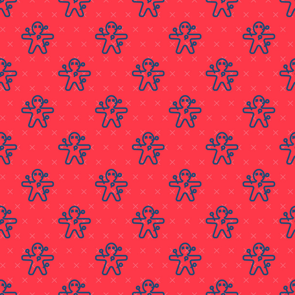Blauwe lijn Voodoo pop icoon geïsoleerd naadloos patroon op rode achtergrond. Gelukkig Halloween feest. Vector. - Vector, afbeelding
