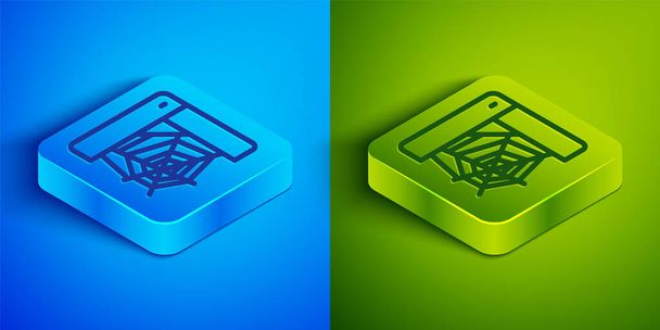 Isometric line Spider web icon isolated on blue and green background. Cobweb sign. Happy Halloween party. Square button. Vector. - Vector, Image
