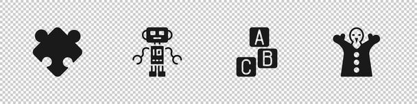 Állítsa Puzzle darab játék, Robot, ABC blokkok és játék bábu baba kéznél ikon. Vektor. - Vektor, kép
