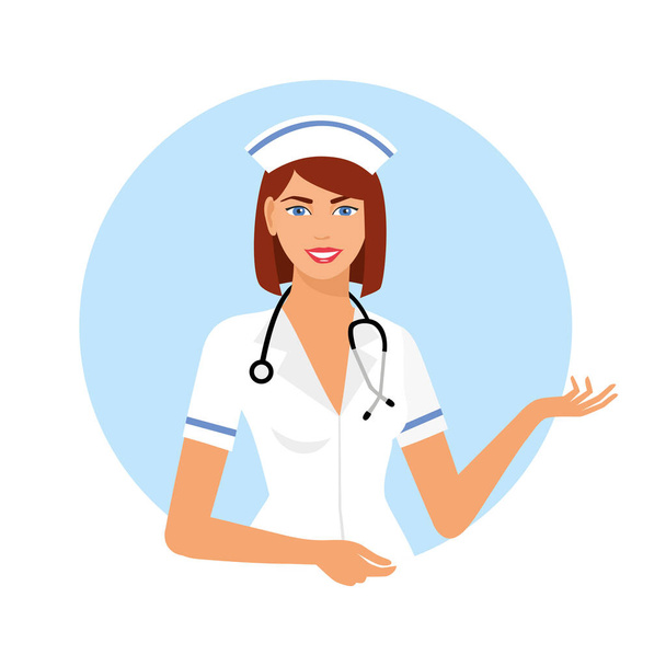 Bella infermiera donna sorridente isolato su sfondo blu. infermiera donna con stetoscopio - Vettoriali, immagini