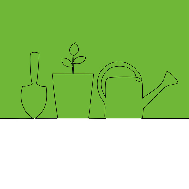 Met de hand getekend een lijn gieter, handtroffel en een plant in bloempot. Groene en witte achtergrond met plaats voor je tekst. Plantenverzorging. Dunne lijn illustratie. - Vector, afbeelding