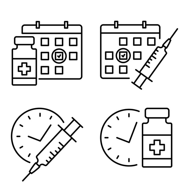 Medizinische Ampulle und Spritze mit Zeitschaltuhr. Das Icon für den Impfzeitplan. Zweites Injektionszeitsymbol. Immunisierungskonzept Antivirales medizinisches Konzept. Vektor - Vektor, Bild