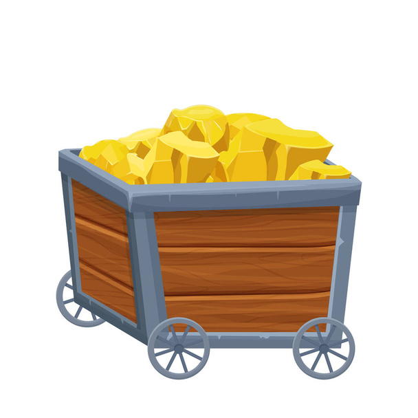 Wooden Mine cart, trolley with gold ore in cartoon style isolated on white background. Game asset,ui. Fortune concept. . Vector illustration - Vector, Image