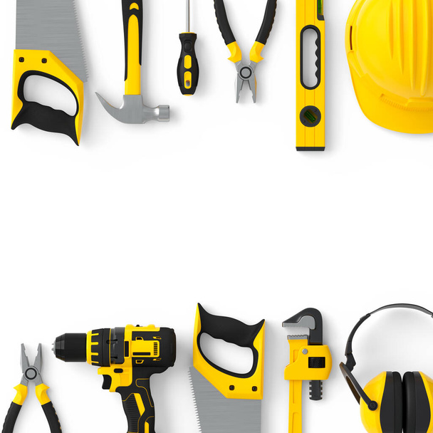 Top view of yellow construction tools for repair and installation on white background. 3d rendering and illustration of service banner for house plumber or repairman - Photo, Image