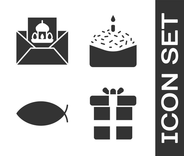 Set Caja de regalo, tarjeta de felicitación con feliz Pascua, pescado cristiano y pastel de Pascua e icono de la vela. Vector. - Vector, Imagen