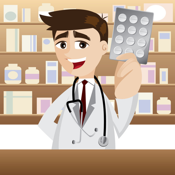 φαρμακοποιός κινουμένων σχεδίων με το πακέτο της ιατρικής - Διάνυσμα, εικόνα