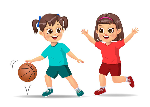 bonito menina garoto jogar basquete - Vetor, Imagem