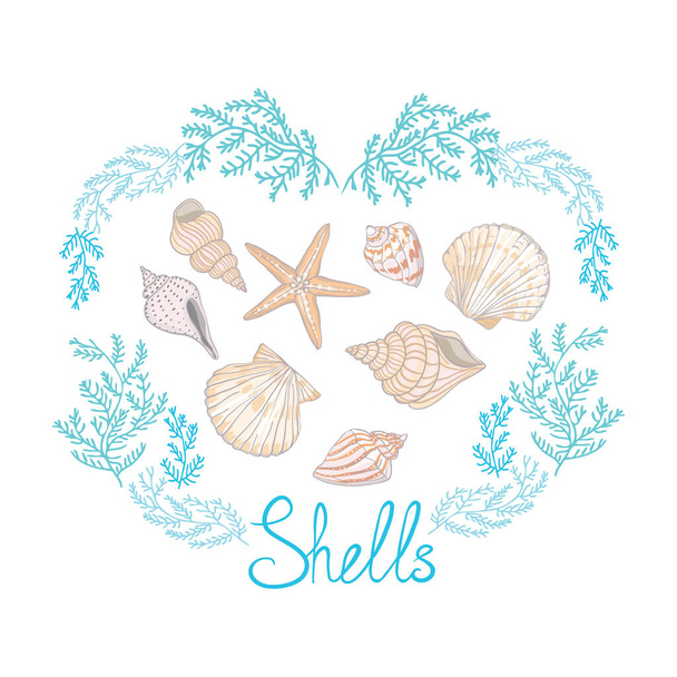 Shell yeah vector illustration with seashell and lettering. Summer illustration or print template. - Vetor, Imagem