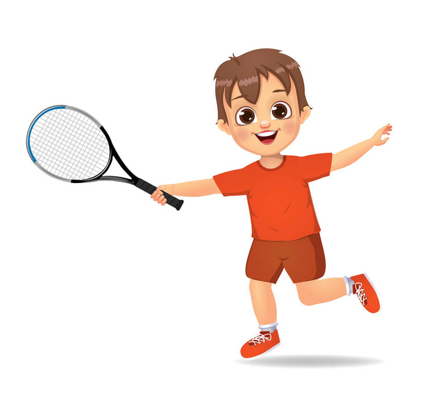 carino ragazzo ragazzo giocare a tennis - Vettoriali, immagini