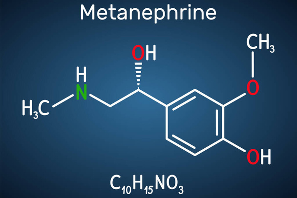 Metanephrine molecule. It is metabolite of epinephrine, adrenaline, biomarker for pheochromocytoma. Structural chemical formula on the dark blue background. Vector illustration - Вектор,изображение