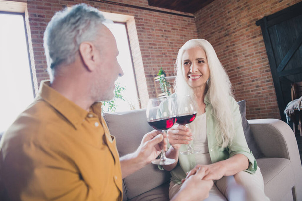 Photo of attractive positive old family husband and wife drink wine good mood celebrate indoors inside house home - Foto, afbeelding