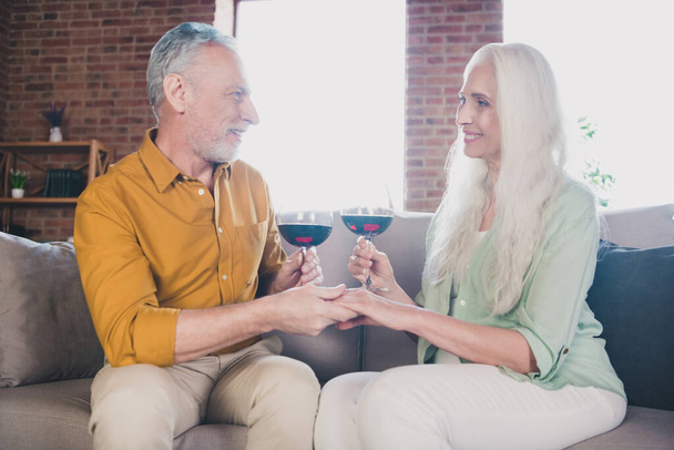 Photo of charming cheerful old man and woman couple family hold glass wine hands anniversary indoors inside house - Photo, image