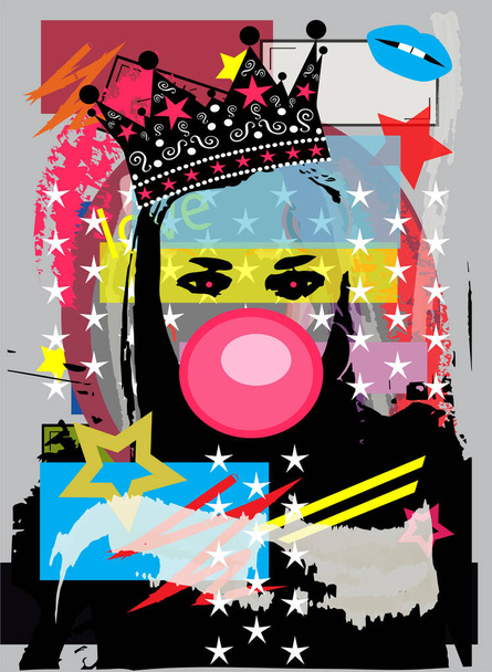 Reina, chica con corona y goma de mascar, pop art vector de fondo. eps 10 archivo + archivo jpg - Vector, imagen