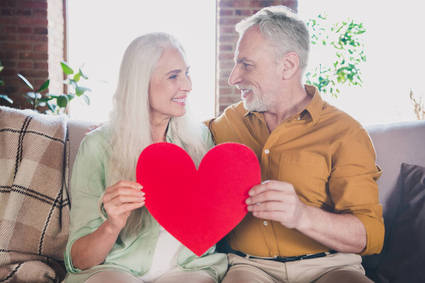 Portrait of attractive elderly cheerful careful affectionate couple sitting on sofa holding heart shape at loft industrial interior home indoor - Foto, Imagem