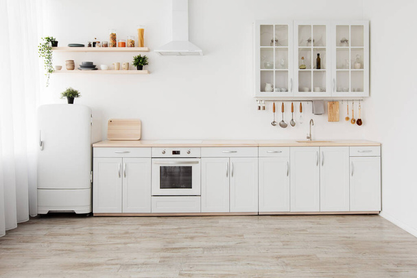 Новая квартира, современный ремонт. Белая кухонная мебель с посудой, полки с посудой и растения в горшках - Фото, изображение
