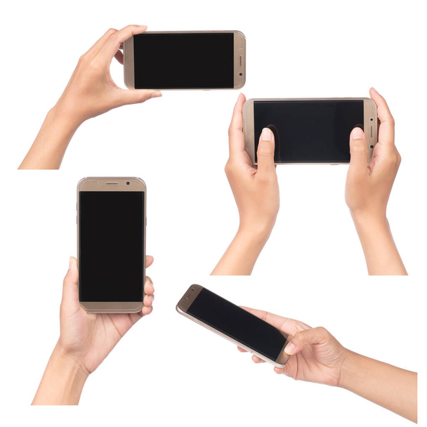 Συλλογή αφής οθόνη κινητό τηλέφωνο στο χέρι απομονώνονται σε λευκό φόντο - Φωτογραφία, εικόνα