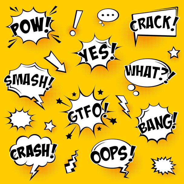 Comic speech bubbles with halftone shadows and text on yellow background. Hand drawn retro cartoon stickers. Pop art style. Vector illustration. - Vector, Image
