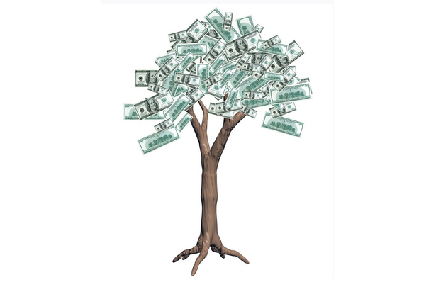 το δέντρο με χαρτονομίσματα του δολαρίου, είναι απομονωμένα σε λευκό φόντο - Φωτογραφία, εικόνα