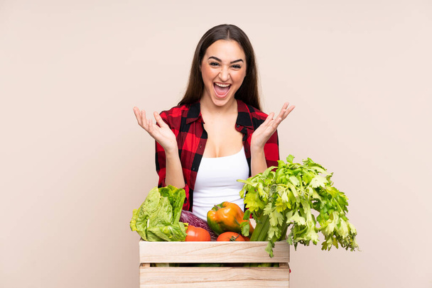 Фермер со свежесобранными овощами в коробке, изолированной на бежевом фоне, несчастный и разочарованный чем-то - Фото, изображение