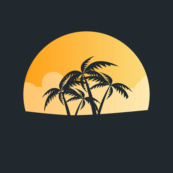 Palmuja auringon taustavalossa. Palmuja. Palm Beachin Floridassa. Vapaa-aika ja matkustaminen. Kookospalmuja auringonlaskun aikaan. Auringonnousu. Vektorikuvitus. Palmut ja aurinkotunnus. - Vektori, kuva