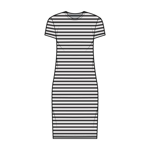 Dress sailor technical fashion illustration with stripes, short sleeves, oversized body, knee length pencil skirt. Flat - Vetor, Imagem