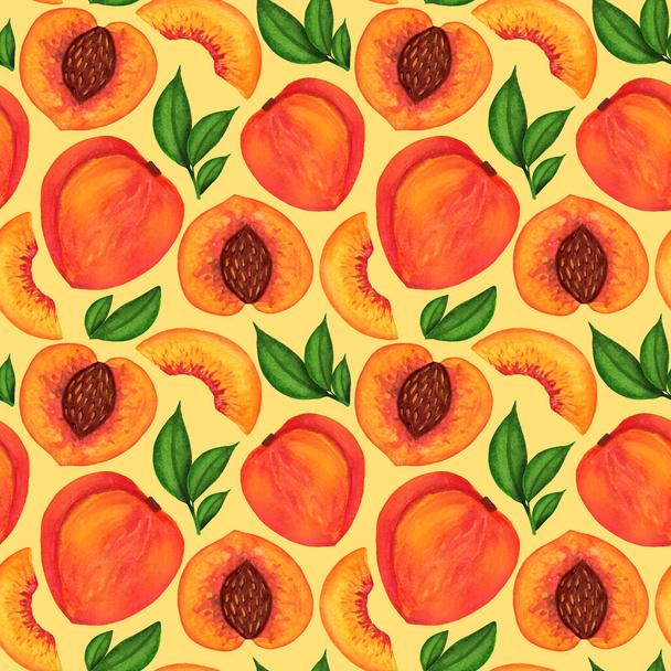Orange peach watercolor seamless pattern. Fresh fruit on yellow background - Photo, Image