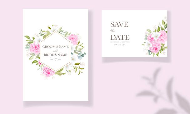 Plantilla de tarjeta de invitación de boda con hermosas decoraciones florales - Vector, Imagen